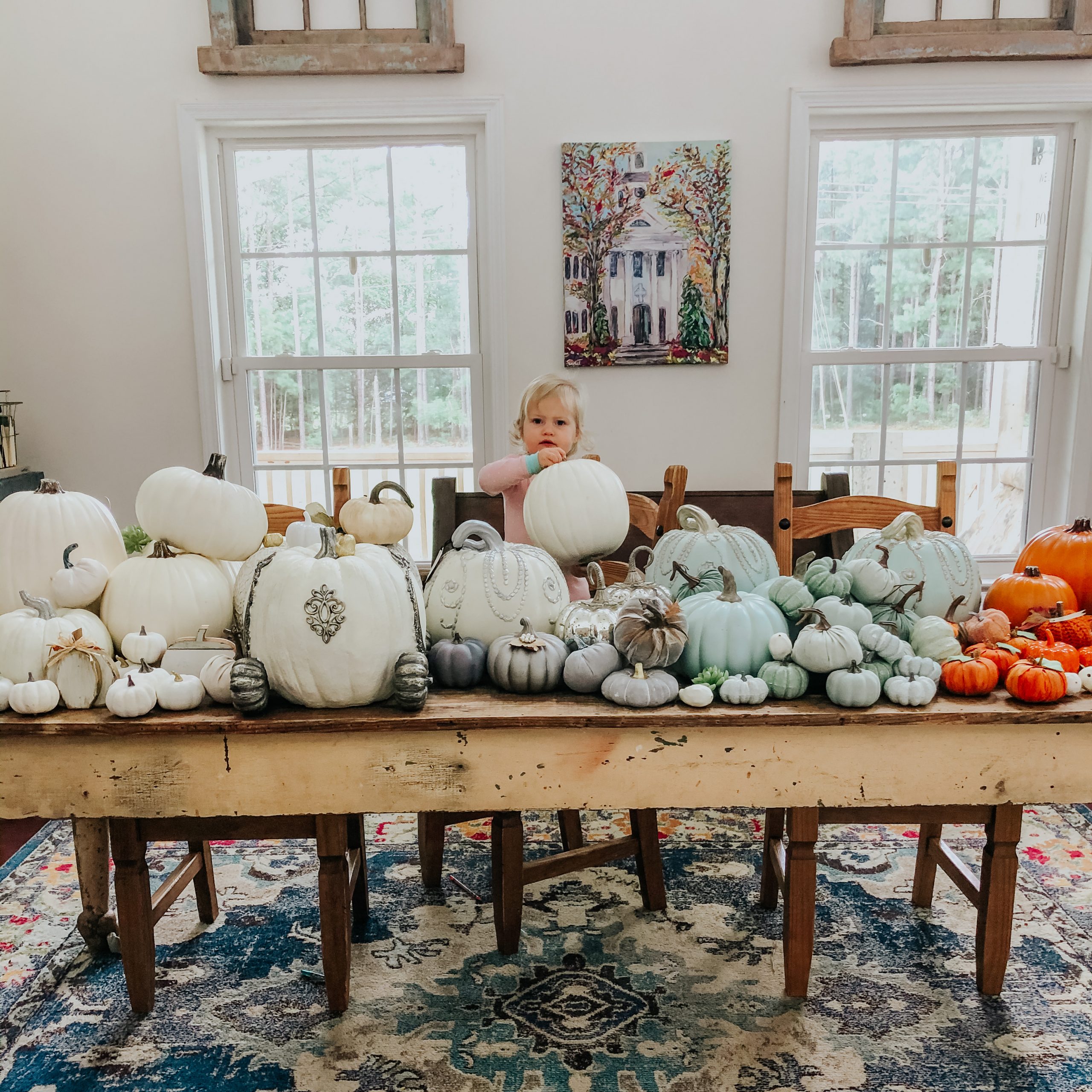 A table full of pumpkins.
