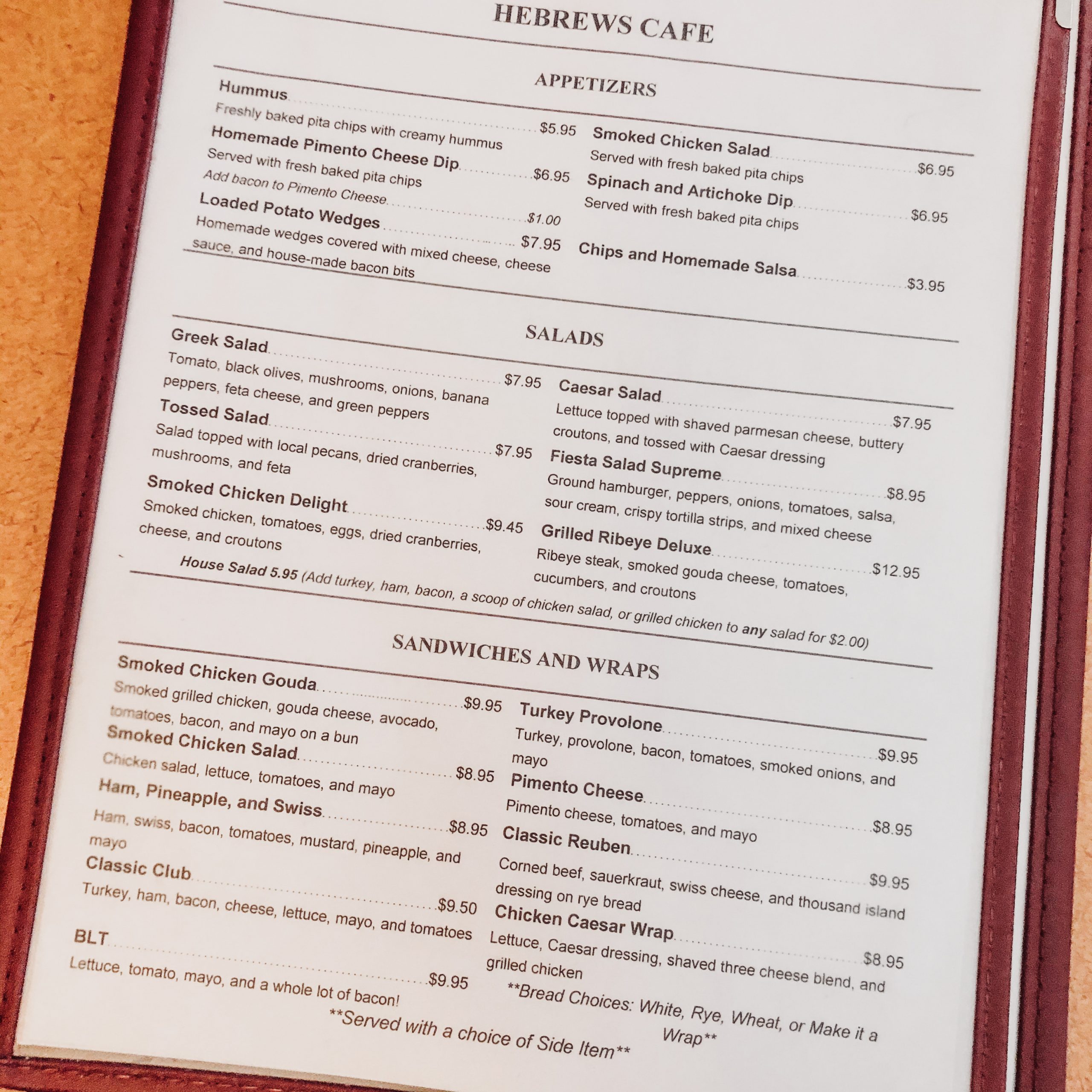 Hebrews Cafe menu